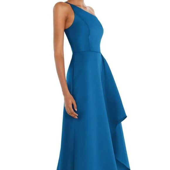 Alfred Sung Classic Blue One Shoulder Satin Gown D831 - Picture 1 of 6